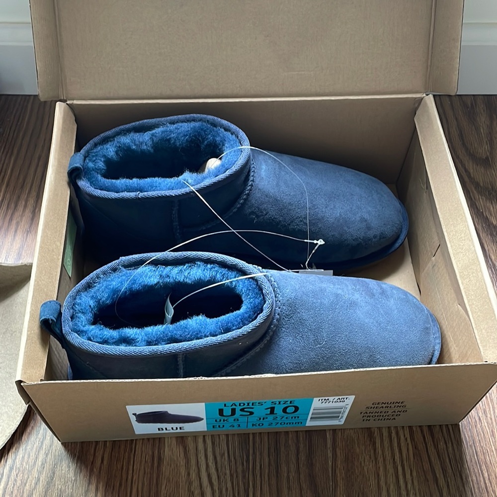 KS Ultra Mini Shearling Boot Blue slip on Fur Suede Ankle Booties NWT in box - Picture 4 of 4